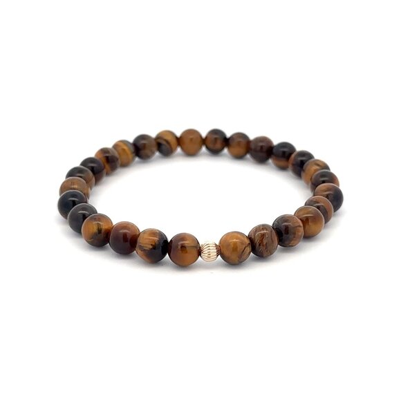 Gemstones Tiger's Eye 6mm Stretchable Bracelet 14k Gold Corrugated Bead Charm - Picture 1 of 6